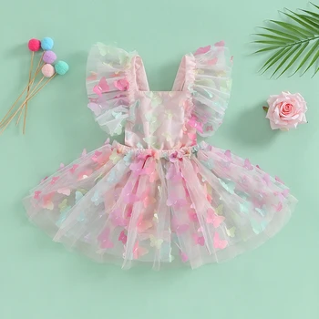 SUNSIOM Baby Girl Summer Dress Fly Sleeve Square Neck Backless Tie-up A-line Dress Butterfly/Swiss Dots Tulle Pricess Suknelė