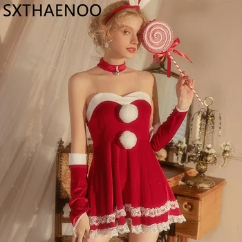SXTHAENOO Moteris Seksuali Cosplay kalėdinė suknelė Kalėdų senelis 4 vnt. Kostiumas Desire tarnaitė Saldi uniforma Raudona Skaidrus diržas Minidresas