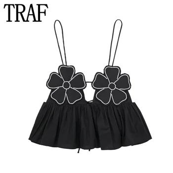 TRAF Black Crop Top Women Flower Rhinestone Ruffle Backless Top Party for Woman Camisole Bright Sleeveless Sexy Summer Tops