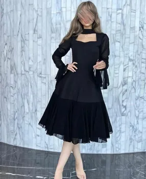 Trumpos juodos šifono vakarinės suknelės su rankovėmis A-Line aukšto kaklo arbatos ilgis Vestidos de noite Prom Oficiali suknelė moterims