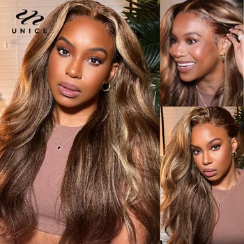 UNice Hair Kinky Straight Human Hair Wig Highlight 13x4 Nėrinių priekinis perukas Honey Blonde Brown Nėrinių priekinis perukas Nupešti nėrinių perukai