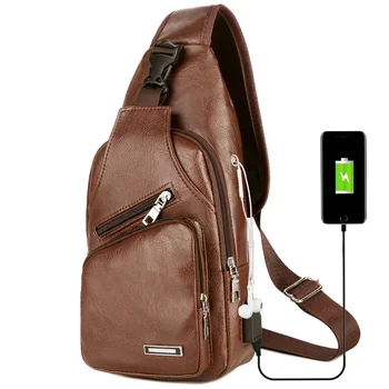 USB įkrovimo krepšys su ausinių skylute Vyriškas daugiafunkcis vienfunkcis dirželis, apsaugantis nuo vagystės, krūtinės krepšys su reguliuojamu peties dirželiu