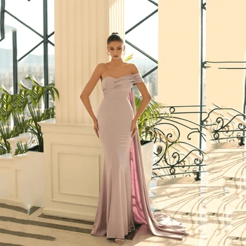 UZN Classic Champagne Mermaid Prom suknelės 2023 Vieno peties satinas New Arrive Vakarinė suknelė Klostės Saudo Arabijos vakarėlių chalatai
