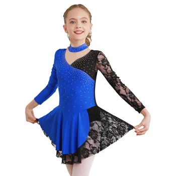 Vaikai Mergaičių gimnastika Dailiojo čiuožimo suknelė Šokių apranga Blizgantis kalnų krištolas Nėrinių baletas Lyrinis šokis Suknelė Konkursinis kostiumas
