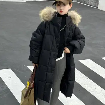 Vaikai Tikra kailio apykaklė Striukė Žiema Naujas ilgas storesnis viršutinis drabužis su gobtuvu Baby Girl Loose Down Coats Korėjietiškas stilius Wz1272