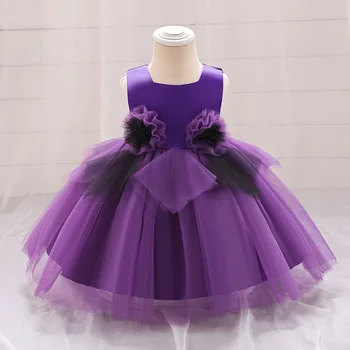 Vaikiški baliniai marškiniai be rankovių violetiniai rankų darbo gėlių kostiumų ceremonija Vestuvinė prom suknelė Trumpi vaikai 1 St gimtadienio princesės chalatai