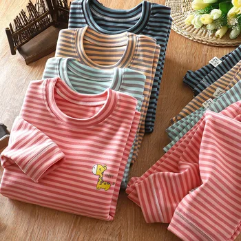 Vaikiškų pižamų rinkiniai Sutirštinti šilti miego drabužiai vaikams Dryžuota Kūdikių pižamos Berniukai Mergaitės Terminiai apatiniai drabužiai Aksominis Kūdikių namų apranga