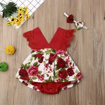 Vasarinių drabužių komplektas Baby Girl Floral Romper + Headband Girl Ruffle False Dresses Baby Clothes Naujagimio apranga
