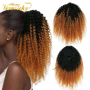 Veravicky Afro Kinky Garbanotas raištelis Ponytail Žmogaus plaukai 12
