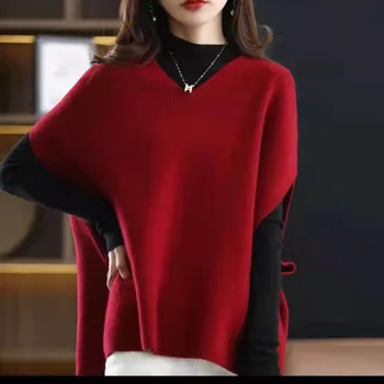Vilnos megztos liemenės imitacija 2023 m. ruduo Nauji megztiniai Moteriški V formos kaklo kieti laisvalaikio megztiniai Megztas laisvalaikio paltas Raudonas
