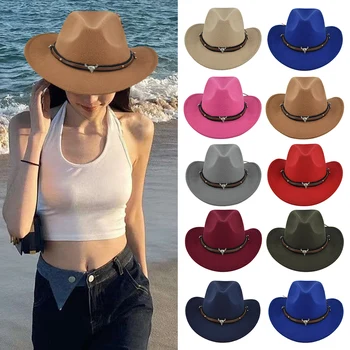 Vintage Western Cowboy Hat Gentleman Lady Jazz Cowgirl Cap Hombre Caps Unisex Solid Color Sun Hat Trilby Hats Wide Brim Sombrero