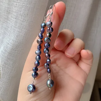 Vintažiniai tikri natūralaus gėlavandenio perlo kablio auskarai moterims Juodųjų perlų karoliukai Netaisyklingi barokiniai perlai Ilgi kutai auskarai