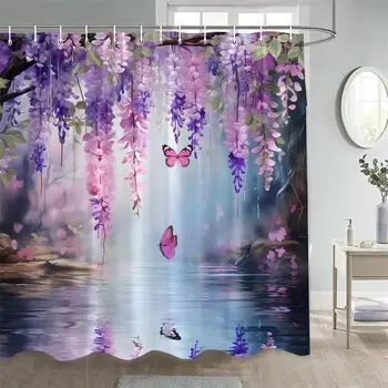 Violetinės gėlės Dušo užuolaidos Drugelis Gamta Ežeras Gėlių augalų vonios užuolaidos Modernus poliesterio audinio vonios dekoras su kabliukais