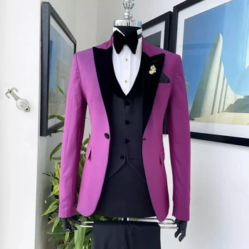 vyriškas kostiumas 3 vnt violetinės švarko liemenės kelnės vieno mygtuko juodas aksomas smailus atlapas verslo vestuvių jaunikis pritaikytas kostiumas Homme