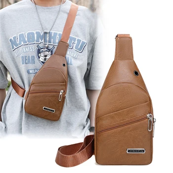 Vyriškas USB Casual PU Odinis laisvalaikio verslas Pečių krepšys Crossbody Travel Sling Messenger Pack Chest Waist Hanging Bag For Male
