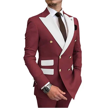 Vyriški kostiumai Slim Fit Double Breasted Burgundy White Peaked Lapel Jacket Pants Two Piece Trajes Elegante Para Hombres 2023