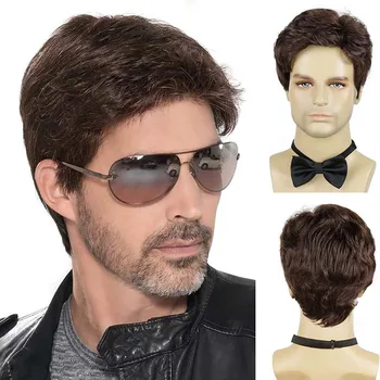 Vyrų trumpas rudas perukas Sintetiniai plaukai lygūs natūralūs pikselių kirpimo Toupee Garbanoti karščiui atsparūs perukai vyrams Juoda