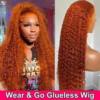 Wear And Go Glueless Wig Žmogaus plaukai nupešti 13x4 13x6 HD Deep Wave Nėrinių priekinis perukas Imbieras Garbanotas nėrinių priekis Žmogaus plaukų perukas