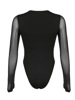 Women s Fashion Skinny Bodybody Tops Black Long Sleeve Sheer Mesh Patchwork Playsuit Sey See Through Jumpsuit