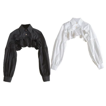 Womens Fake Collar Detachable Dickey Long Sleeve Half Shirts Cropped Blouse Top Dropship