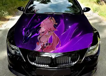 Yae Miko Genshin Impact anime automobilio gaubtas Vinilo lipdukai Apvyniokite vinilo plėvelės variklio dangtelį Decals lipdukas ant automobilių priedų