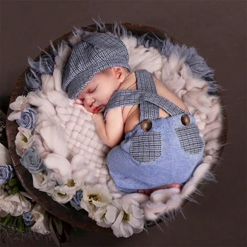 Ylsteed Little Gentleman Photography Apranga Naujagimio berniuko pledinės kišeninės kelnės su Casquette kūdikių šaudymo kombinezonu