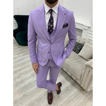šviesiai violetiniai vyriški kostiumai prašmatnūs elegantiški pilno komplekto viengubo krūtinės smailaus atlapo oficialūs drabužiai 3 vnt.(švarkas+kelnės+liemenė) Kostiumas