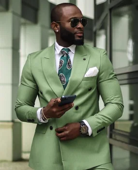 Žalia dryžuota plona prigludusi prom vyriški kostiumai su dviguba krūtine smailėjančiu atlapu Custom 2 vnt. Vestuvinis smokingas 2023 m. madingų drabužių kelnaitės