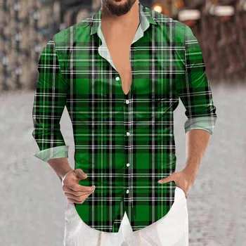 Žalios pledinės palaidinės St-Patrick-Day marškinėliai ilgomis rankovėmis atlapų kaklo marškinėliai Vyrų airių-nacionalinės dienos topai Dobilas Hombre camisas
