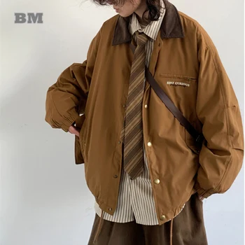 Žieminės striukės vyrams Moterys Korėjietiška gatvės apranga Lengva pūkinė striukė Vintage Casual Couple Lapel Brown Paltas Paminkštintas vyras