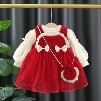 Žiemos naujagimių mergaičių drabužių komplektai Apranga Mažylis Šiltas Top+ Princesės suknelė 2Vnt Kostiumai kalėdinėms suknelėms
