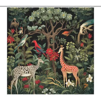 Žirafų šeima atogrąžų miškuose Neperšlampama vonios kambario dušo užuolaida, patvari ir stilinga, 183x183cm, su 12vnt Kabliukai