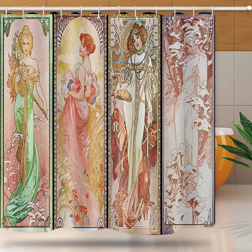 Retro Art Nouveau Lady Printed Shower Curtain Aesthetic Art Times of The Day Bathtub Screen Waterproof Fabric Bathroom Decor Nuotrauka 1