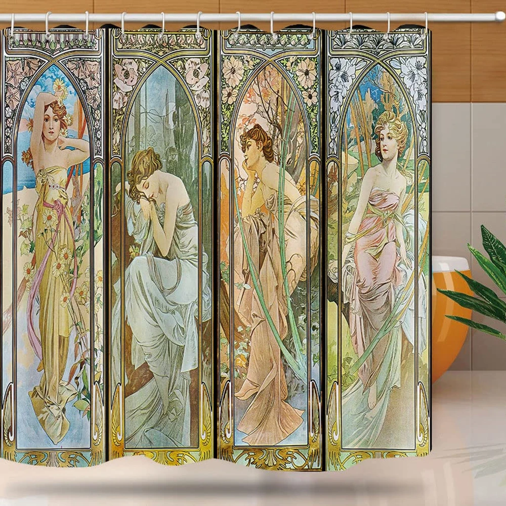 Retro Art Nouveau Lady Printed Shower Curtain Aesthetic Art Times of The Day Bathtub Screen Waterproof Fabric Bathroom Decor Nuotrauka 2