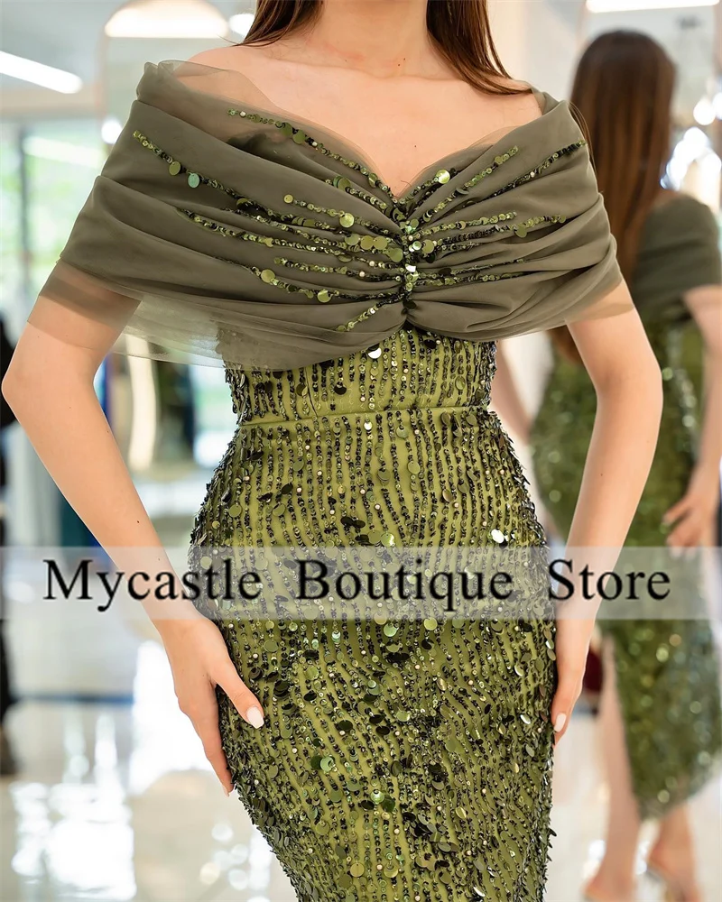 New Arrivals Green Tea-Length Mermaid Vakarinės suknelės 2023 Off Shoulder Beaded Nėriniuota Prom suknelė moterims Oficialūs vakarėlių chalatai Nuotrauka 1