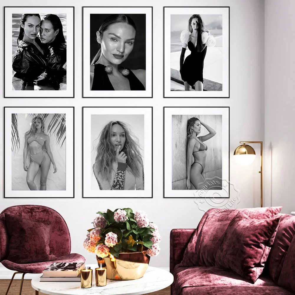 Pietų Afrika Supermode Candice Swanepoel Nespalvotas meno plakatas, Sexy Cool Girl Vintage Art Portrait Art Prints, Fan Collection Nuotrauka 1