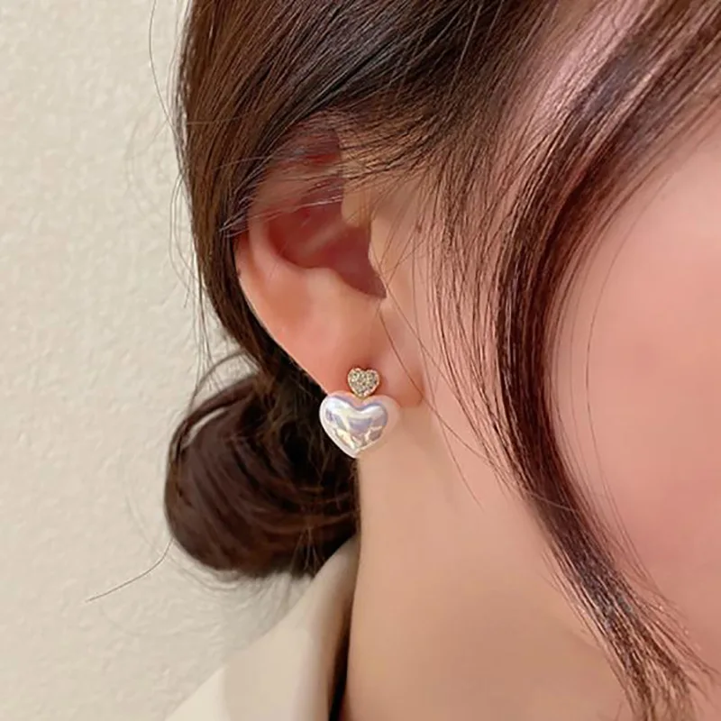 Korėjos lengvi prabangūs cirkono širdies perlų smeigės auskarai moterims Mada Krištolo imitacija Perlų saldūs auskarai Moteriški papuošalai Nuotrauka 1