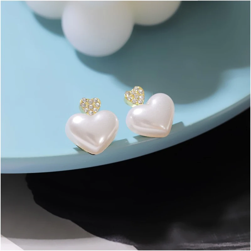 Korėjos lengvi prabangūs cirkono širdies perlų smeigės auskarai moterims Mada Krištolo imitacija Perlų saldūs auskarai Moteriški papuošalai Nuotrauka 2