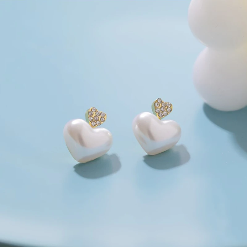 Korėjos lengvi prabangūs cirkono širdies perlų smeigės auskarai moterims Mada Krištolo imitacija Perlų saldūs auskarai Moteriški papuošalai Nuotrauka 4