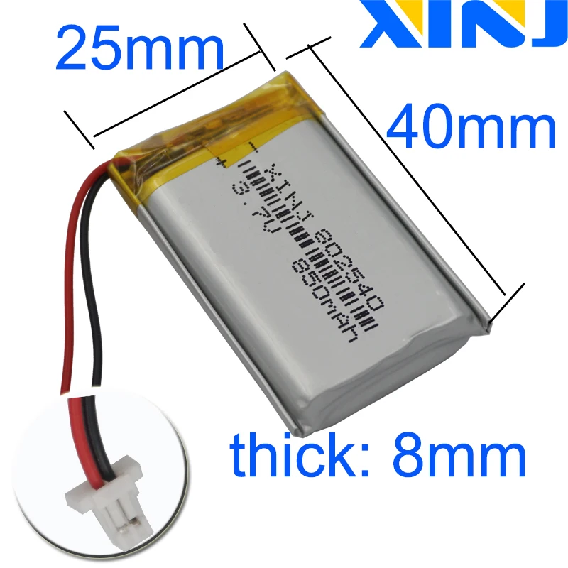 XINJ 10pcs 3.7V 850mAh 2pin JST-PH 1.0mm Polymer Li Lithium Battery Lipo Cell 802540 Fotoaparatui PDA navigacija GPS Bluetooth Nuotrauka 1