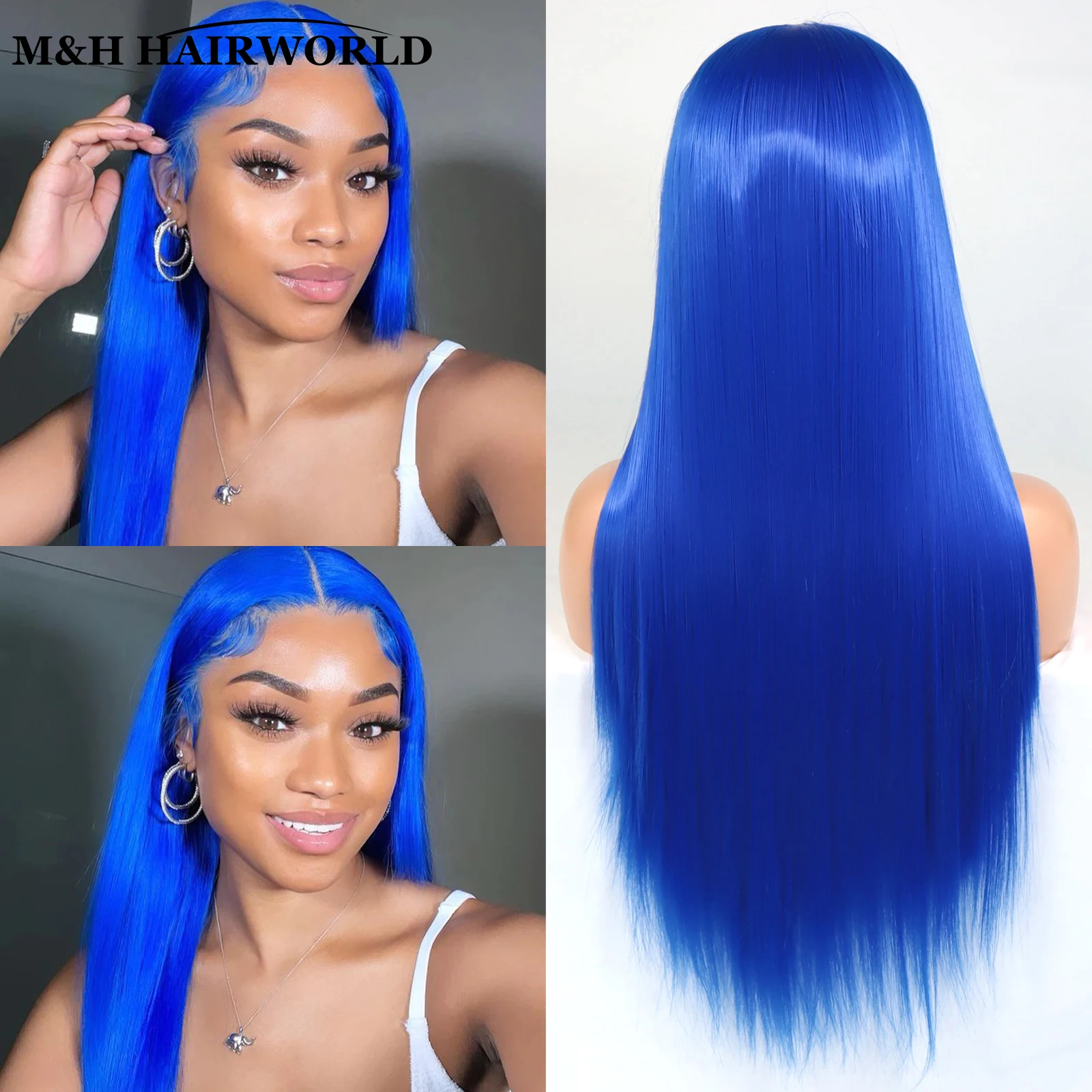 Mėlynos spalvos sintetinių plaukų nėrinių priekiniai perukai moterims Cosplay Party ilgas šilkinis tiesių plaukų perukas 13x3 nėrinių priekiniai perukai Nuotrauka 0