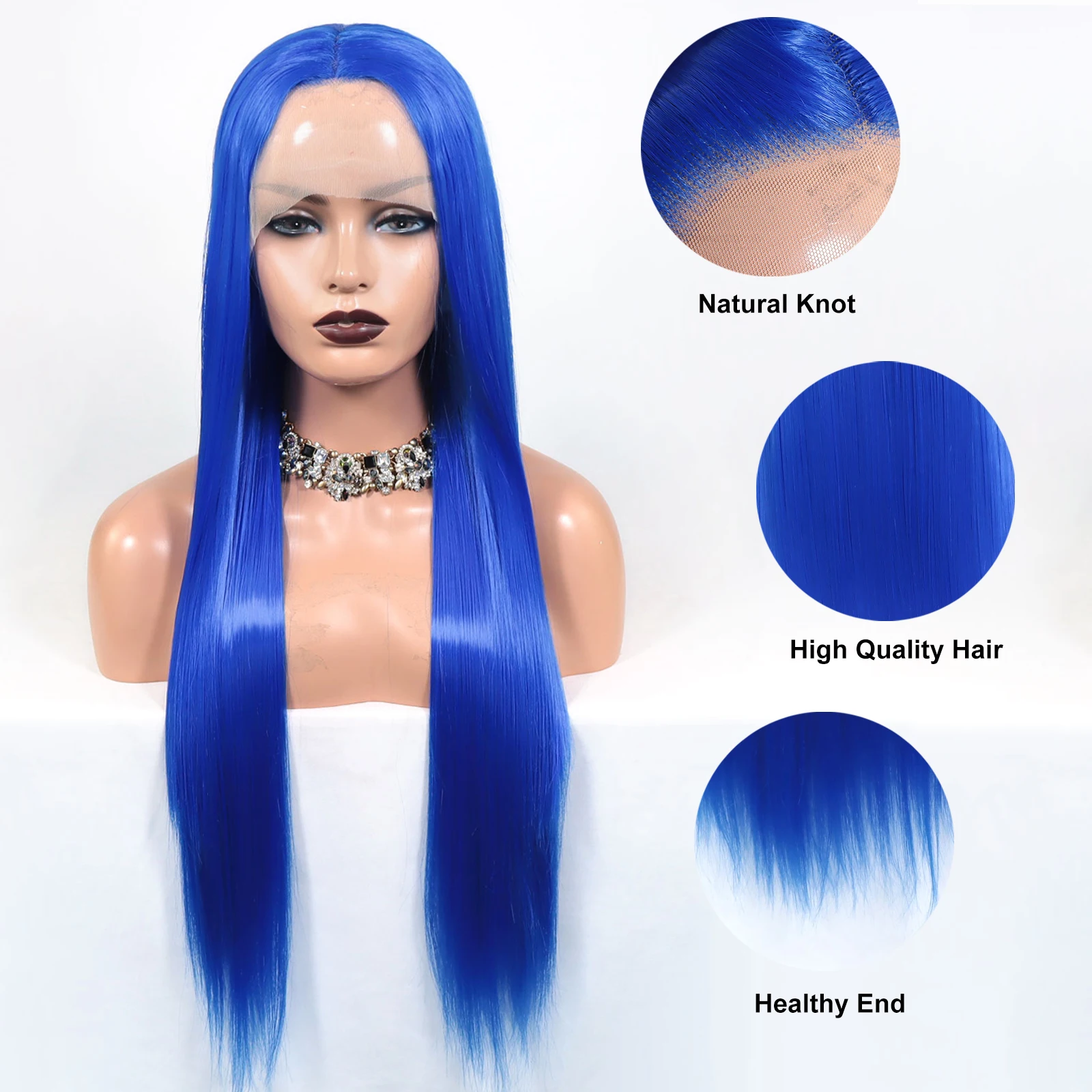 Mėlynos spalvos sintetinių plaukų nėrinių priekiniai perukai moterims Cosplay Party ilgas šilkinis tiesių plaukų perukas 13x3 nėrinių priekiniai perukai Nuotrauka 1