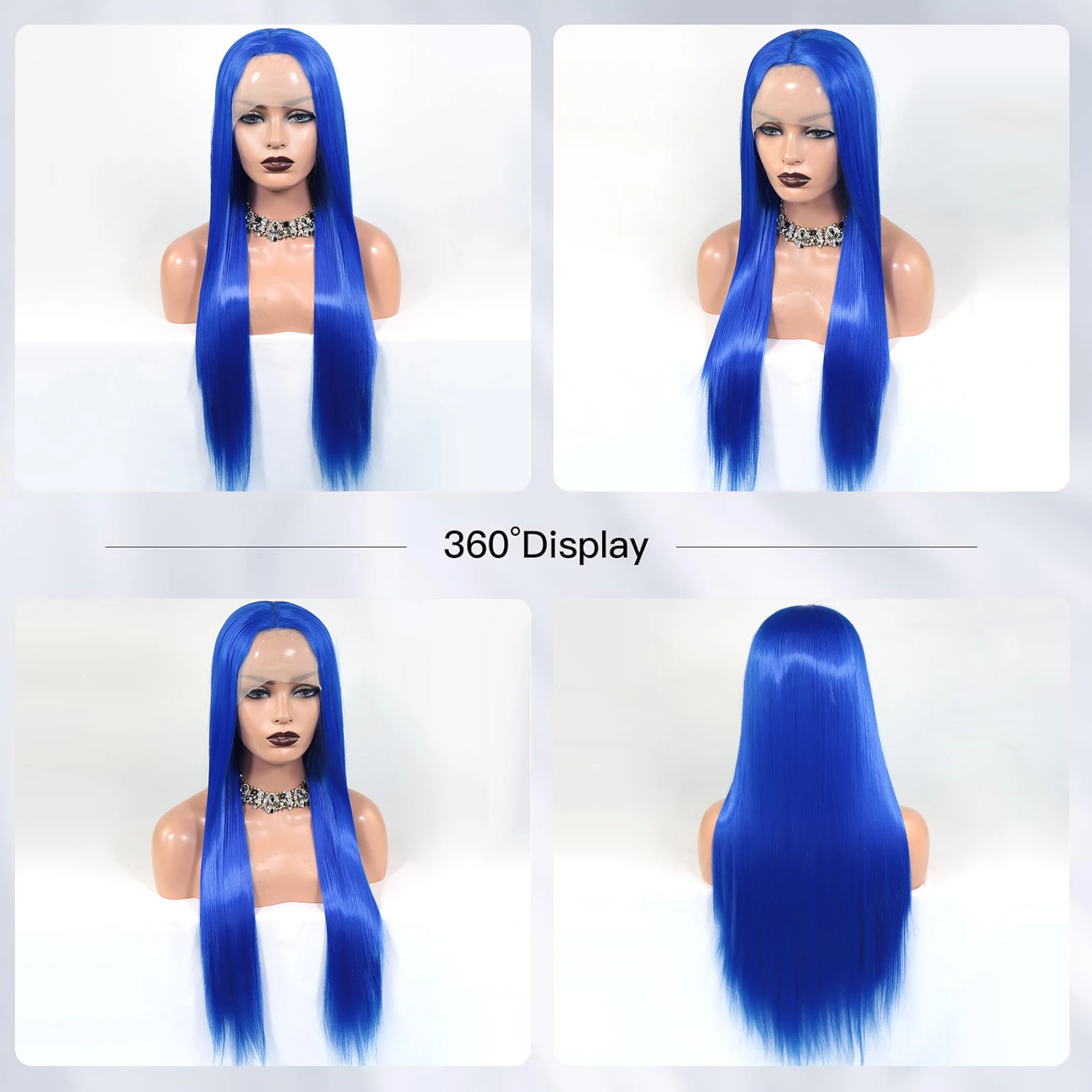 Mėlynos spalvos sintetinių plaukų nėrinių priekiniai perukai moterims Cosplay Party ilgas šilkinis tiesių plaukų perukas 13x3 nėrinių priekiniai perukai Nuotrauka 2
