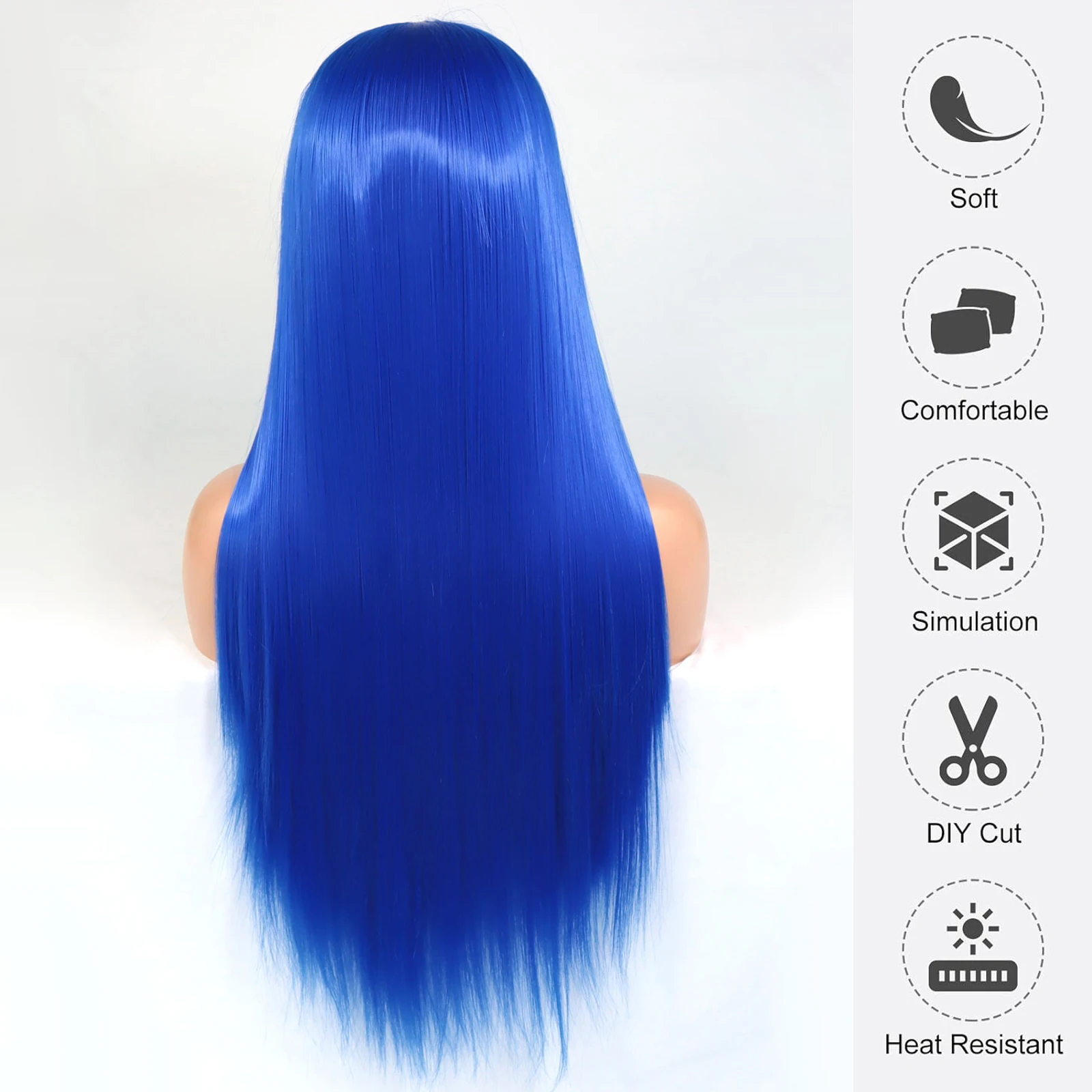 Mėlynos spalvos sintetinių plaukų nėrinių priekiniai perukai moterims Cosplay Party ilgas šilkinis tiesių plaukų perukas 13x3 nėrinių priekiniai perukai Nuotrauka 3