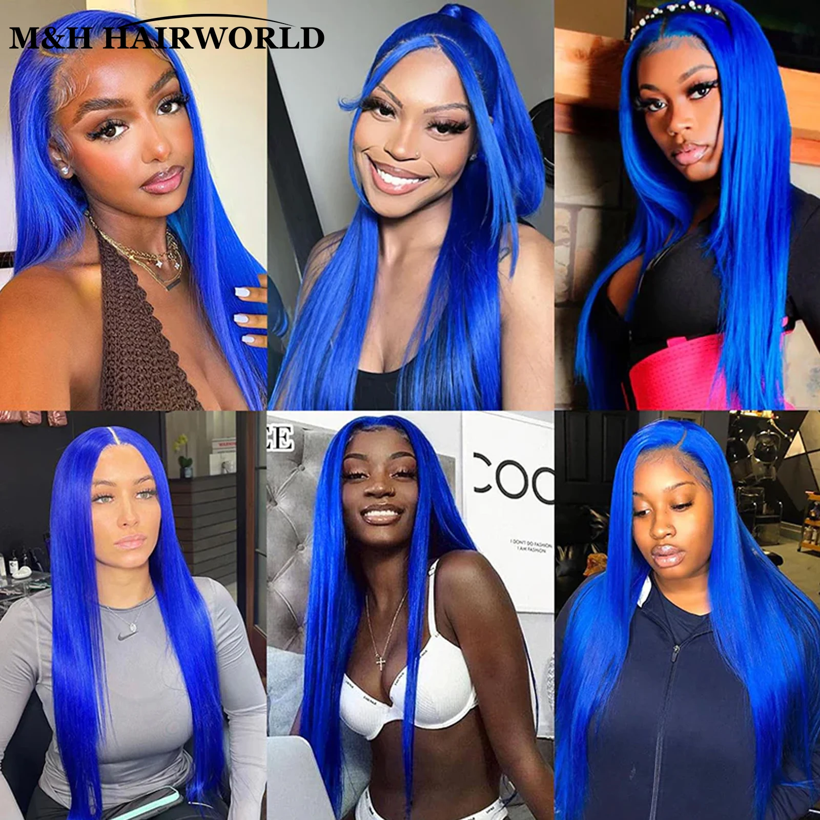 Mėlynos spalvos sintetinių plaukų nėrinių priekiniai perukai moterims Cosplay Party ilgas šilkinis tiesių plaukų perukas 13x3 nėrinių priekiniai perukai Nuotrauka 4