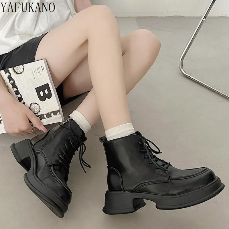 Black Vintage 5Cm Chunky Heel Short Boots for Women 2023 Nauja platforma Suvarstomi laisvalaikio kulkšnies batai Madingi moteriški batai Nuotrauka 0