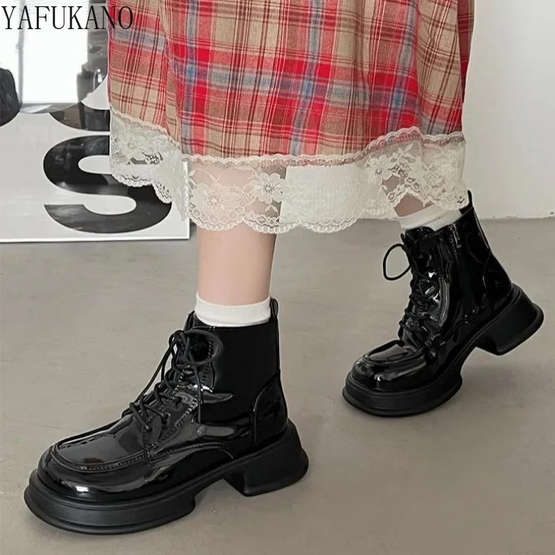 Black Vintage 5Cm Chunky Heel Short Boots for Women 2023 Nauja platforma Suvarstomi laisvalaikio kulkšnies batai Madingi moteriški batai Nuotrauka 1