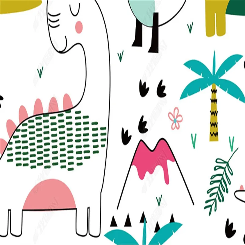 Augalai maži švieži tapetai vaiko kambariui Ranka pieštas animacinis filmas Dinozauras Vaikų kambario fonas Sienų popierius Namų dekoro freska Nuotrauka 5