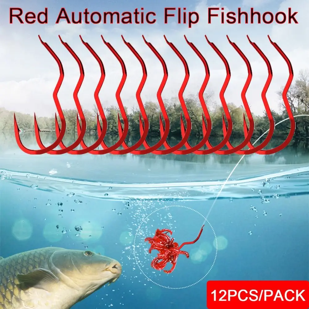 12Pcs/Pack Raudonas žvejybos kabliukas High Carbon Steel Automatinis flip Fishhook Creative Anti Slip Sharp Barbed Fishing Accessories priedai Nuotrauka 0