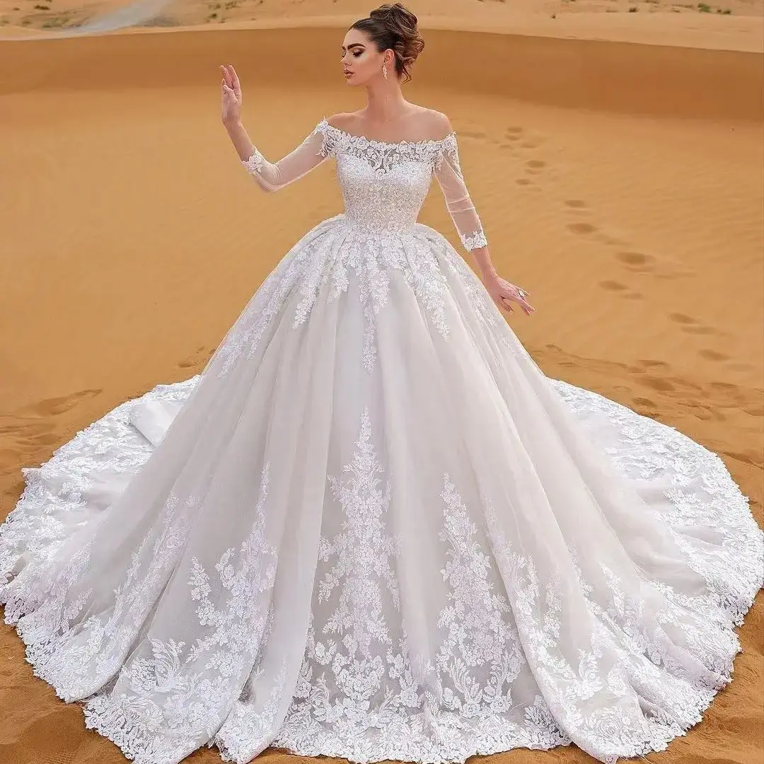 Off Wedding Dresses Nėrinių kamuolinė suknelė Arabian Vestido de Novia Tulle Sweep Train Išskirtiniai nuotakos chalatai Nuotrauka 0